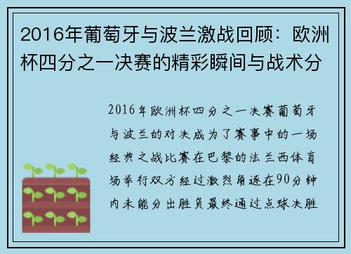 2016年葡萄牙与波兰激战回顾：欧洲杯四分之一决赛的精彩瞬间与战术分析