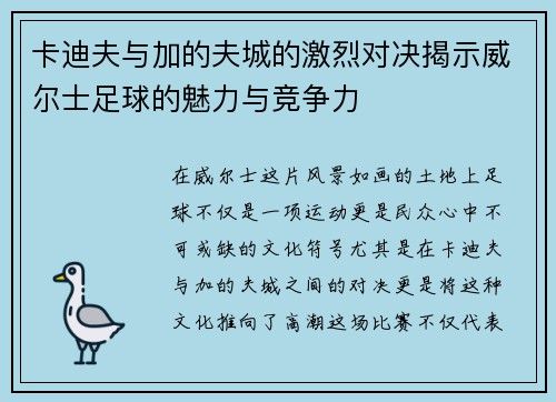 卡迪夫与加的夫城的激烈对决揭示威尔士足球的魅力与竞争力