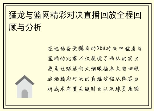 猛龙与篮网精彩对决直播回放全程回顾与分析