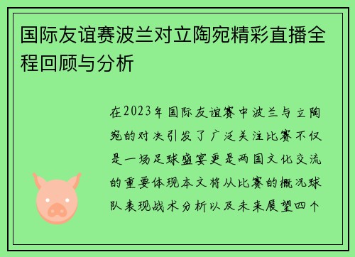 国际友谊赛波兰对立陶宛精彩直播全程回顾与分析