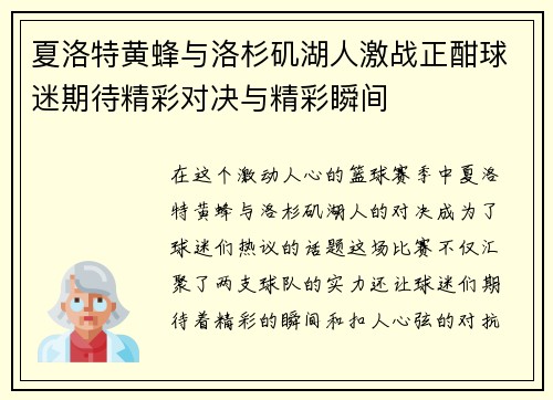 夏洛特黄蜂与洛杉矶湖人激战正酣球迷期待精彩对决与精彩瞬间