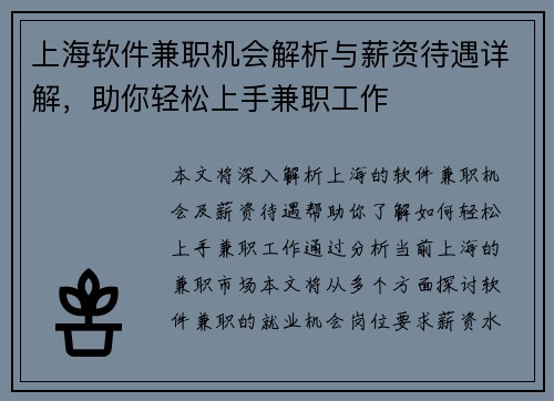 上海软件兼职机会解析与薪资待遇详解，助你轻松上手兼职工作