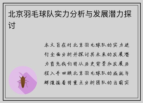 北京羽毛球队实力分析与发展潜力探讨